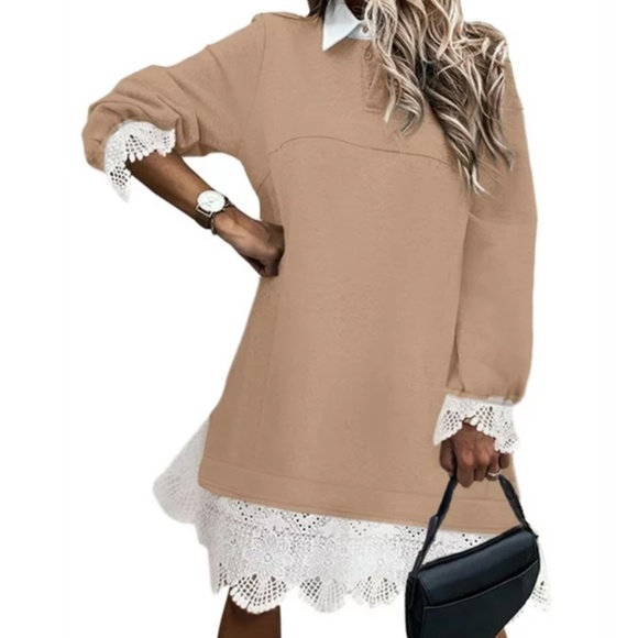 Women's Patchwork Floral Lace Sweatshirt Dress in Khaki sz small - Picture 1 of 9